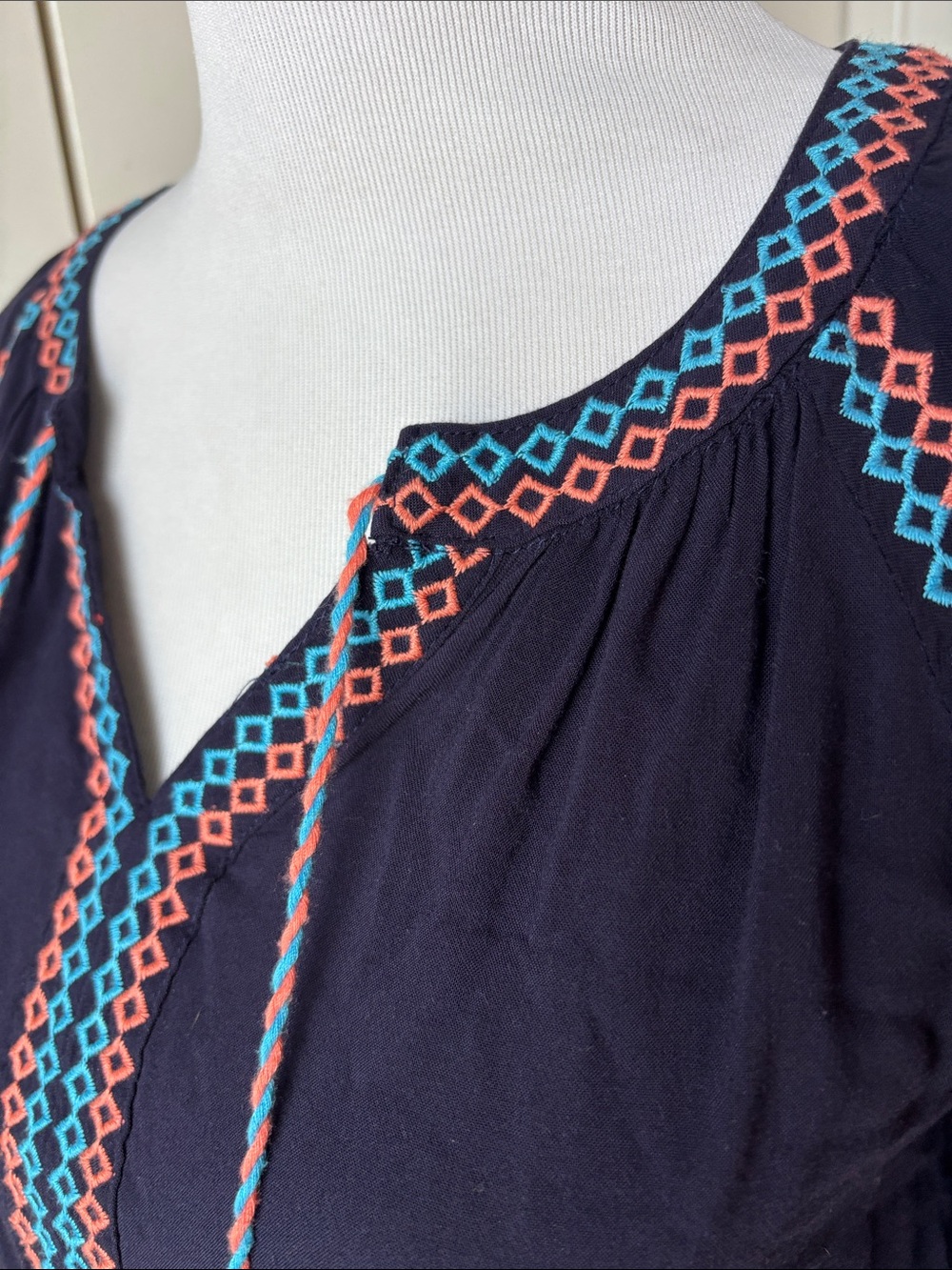 Umgee Navy Boho Embroidered Tassel Peasant Top - Coral & Turquoise Accents - Picture 3 of 6